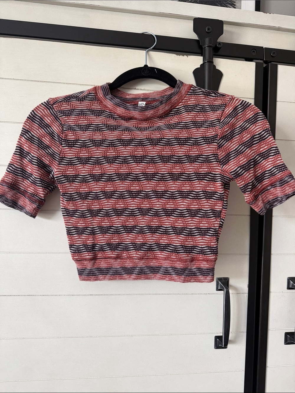 Free People Striped Knit Crop Top in coral and maroon